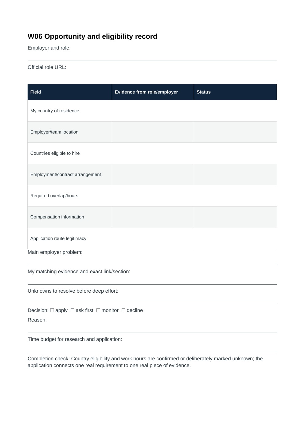 Preview of the W06 opportunity and eligibility record worksheet